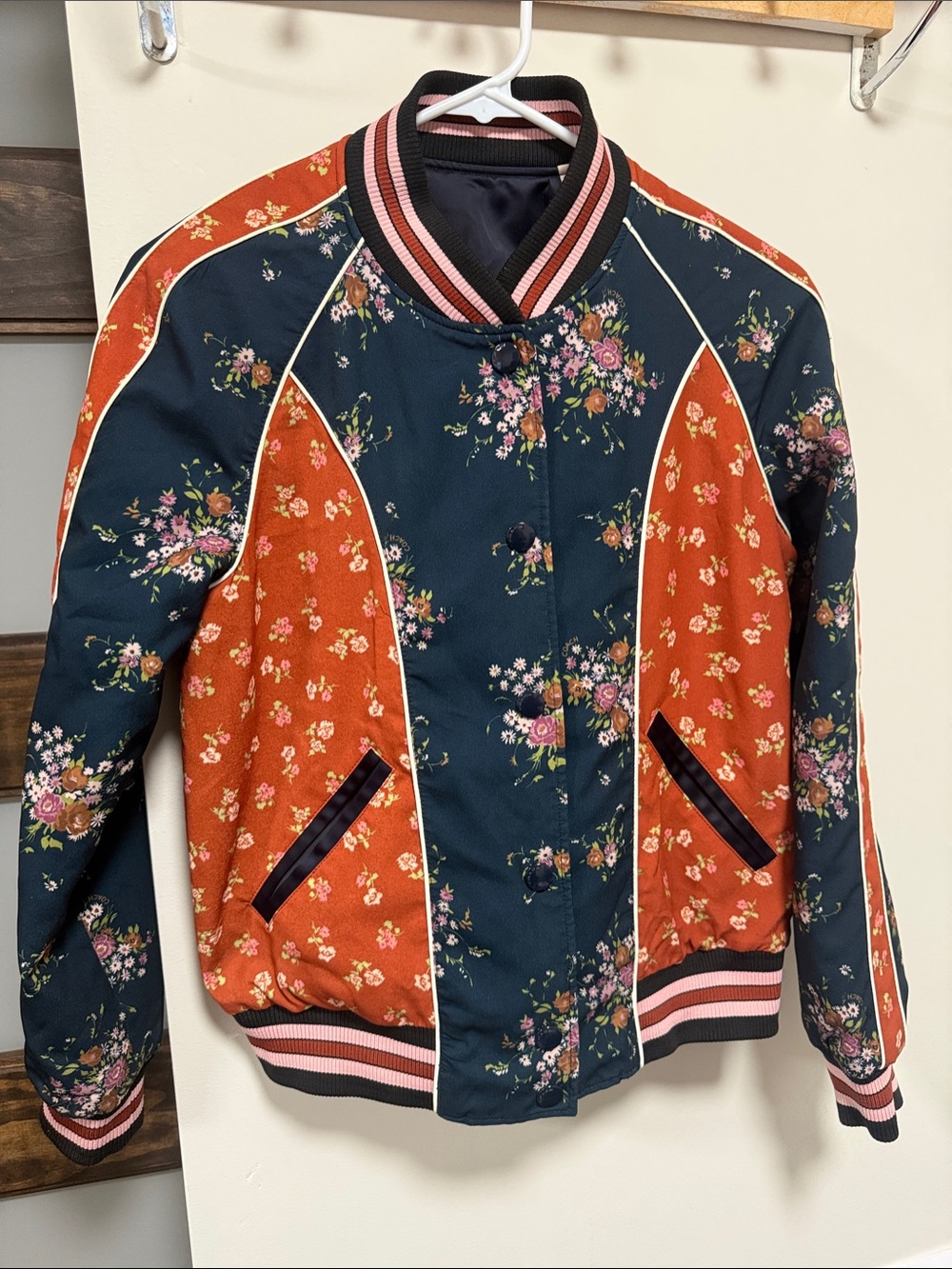 Coach Floral Bomber-Style Blazer in Navy and Rust Reversible